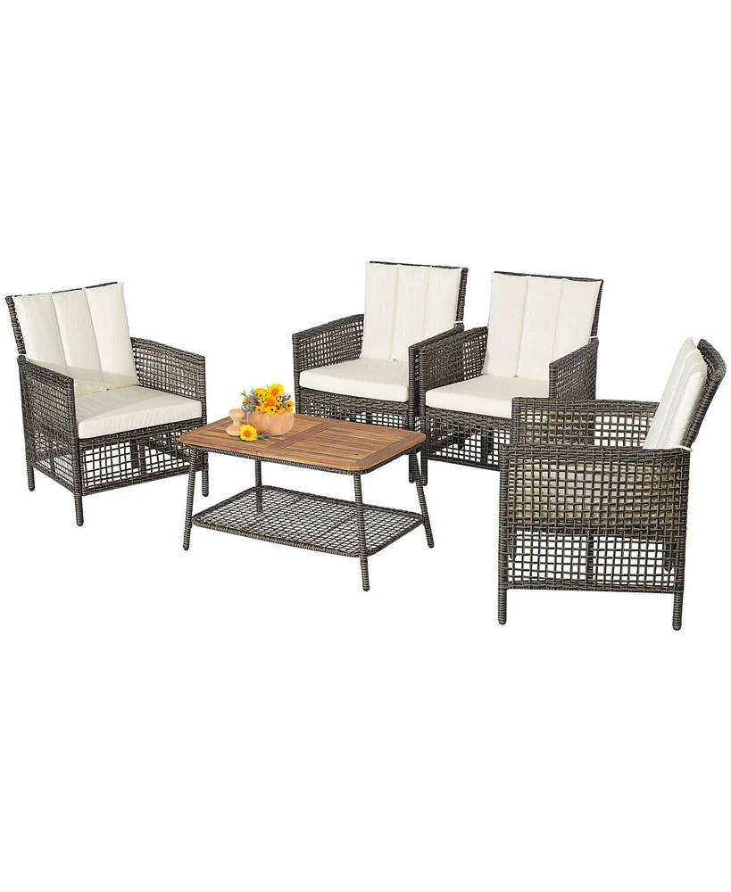 Sugift 5 Pieces Patio Rattan Furniture Set Cushioned Sofa Armrest Wooden Tabletop