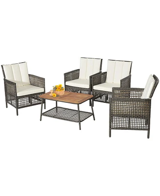 Sugift 5 Pieces Patio Rattan Furniture Set Cushioned Sofa Armrest Wooden Tabletop