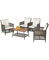 Sugift 5 Pieces Patio Rattan Furniture Set Cushioned Sofa Armrest Wooden Tabletop