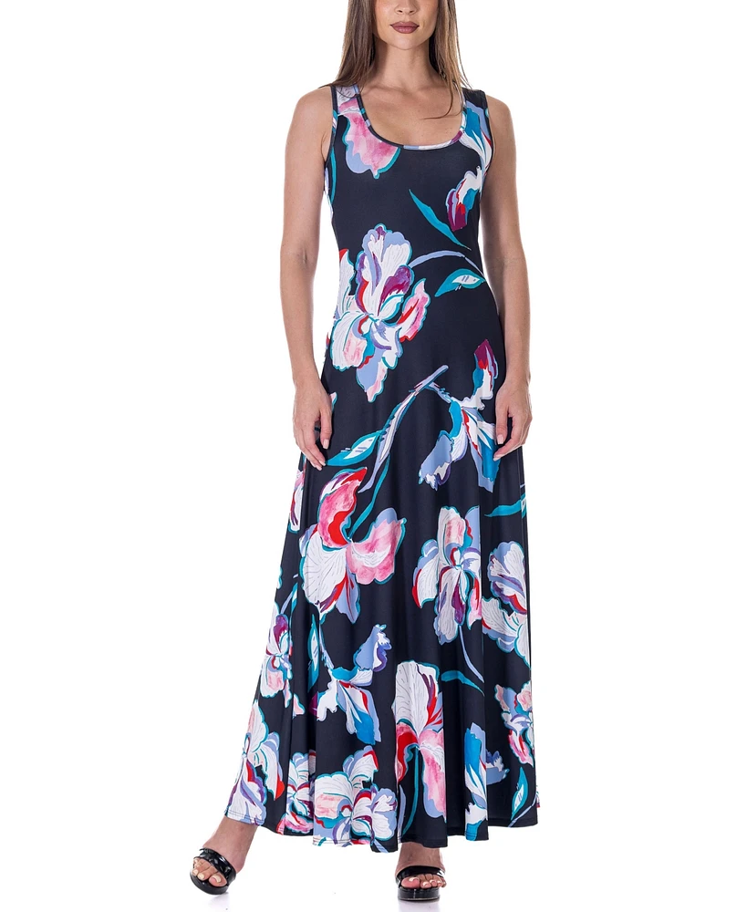 24seven Comfort Apparel Print Scoop Neck A Line Sleeveless Maxi Dress