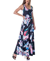 24seven Comfort Apparel Print Scoop Neck A Line Sleeveless Maxi Dress