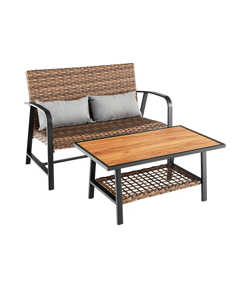 Sugift 2 Pieces Patio Rattan Coffee Table Set with Shelf and Quick Dry Cushion