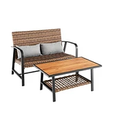 Sugift 2 Pieces Patio Rattan Coffee Table Set with Shelf and Quick Dry Cushion