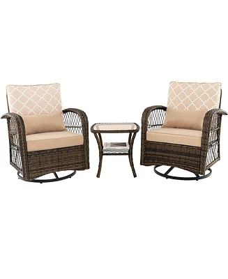 Sugift 3 Pieces Outdoor Wicker Conversation Set with Tempered Glass Coffee Table