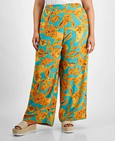 Bar Iii Trendy Plus Floral Flat-Front Wide-Leg Pants, Created for Macy's