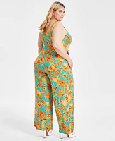 Bar Iii Trendy Plus Floral Wide-Leg Knit Jumpsuit, Created for Macy's