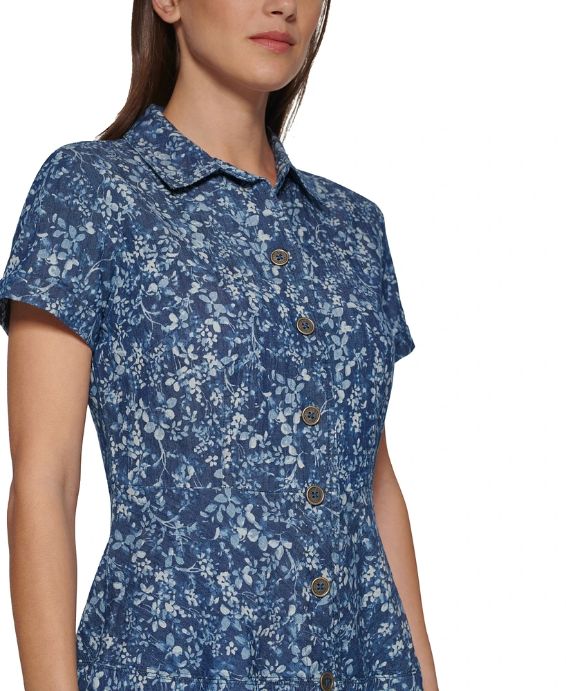 Tommy Hilfiger Women's Floral-Print Chambray Shirtdress