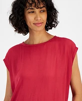 T Tahari Women's Mixed-Media Scoop-Neck Drop-Shoulder Top