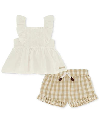 Calvin Klein Baby Girls Smocked Muslin Top & Gingham Ruffled Shorts, 2 Piece Set