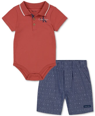 Calvin Klein Baby Boys Tipped Polo Bodysuit & Printed Chambray Shorts, 2 Piece Set