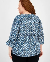 Jm Collection Plus Myra Medallion 3/4 Sleeve Top, Created for Macy's