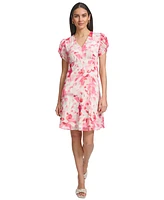 Calvin Klein Petite Printed V-Neck Short-Sleeve A-Line Dress