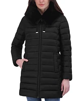 Tahari Women's Faux-Fur-Trim Hooded Packable Shine Puffer Coat