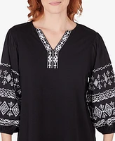 Ruby Rd. Petite Split Neck Embroidered 3/4 Sleeve Knit Top