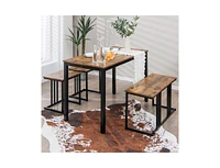 Slickblue 4 Pieces Industrial Dining Table Set with Bench and 2 Stools-Brown