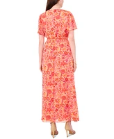 Sam & Jess Women's Printed Flutter-Sleeve Smocked-Waist Maxi Dress