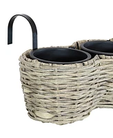 Sunnydaze Decor Indoor/Outdoor Round Polyrattan Over-the-Rail Tri-Planter with 3 Black Liners - Charcoal - Frost