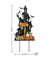 Glitzhome 32"H Halloween Metal Haunted House Yard Stake