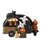 Glitzhome 9.25''L Halloween Polyresin Lighted Camper W/Ghost Pumpkin Black Cat Table Decor