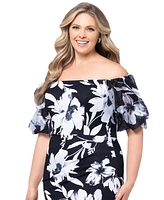 Xscape Plus Size Floral Balloon-Sleeve Off-The-Shoulder Gown