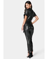 Bebe Women's Faux Leather Moto Jumpsuit