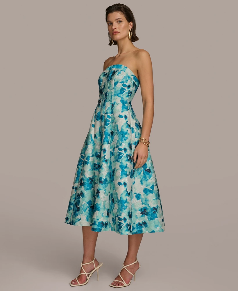 Donna Karan Women's Floral-Jacquard Strapless Midi Dress