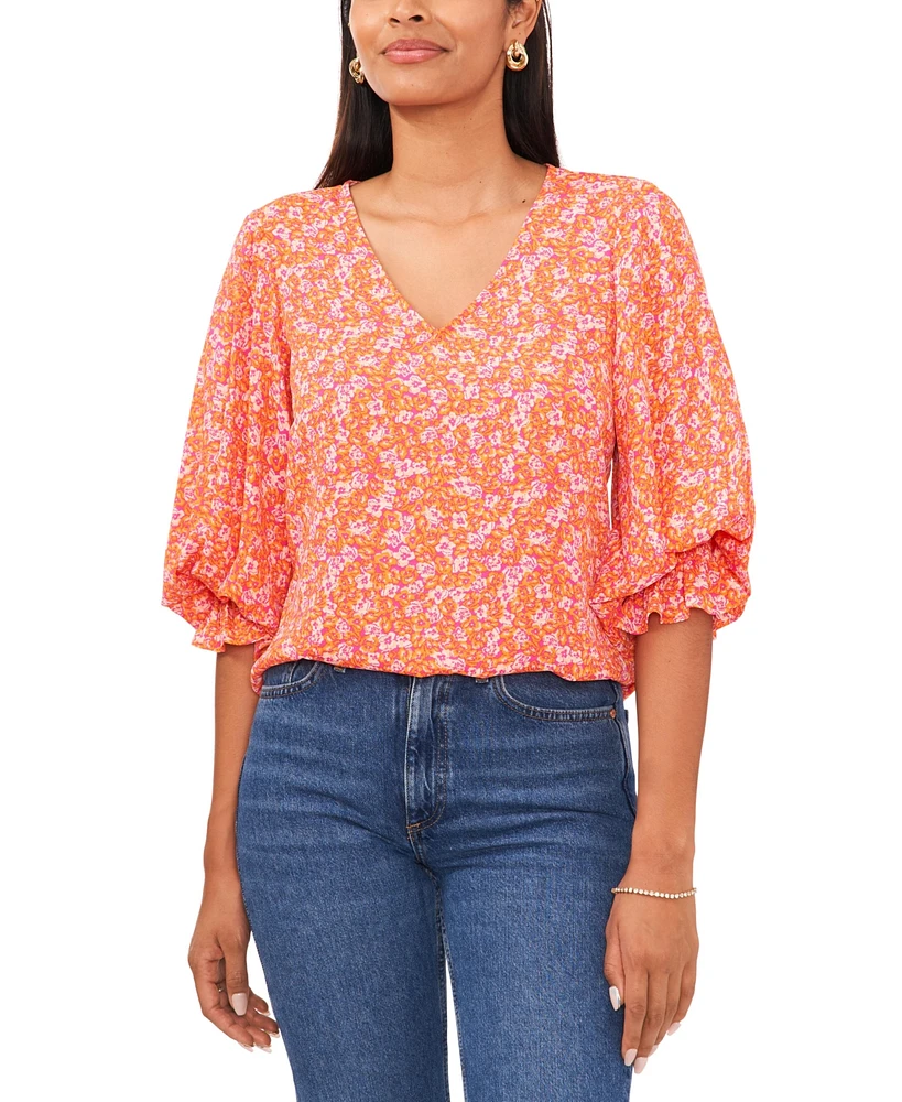 Vince Camuto Women's Floral V-Neck Smocked Cuff Long-Sleeve Top