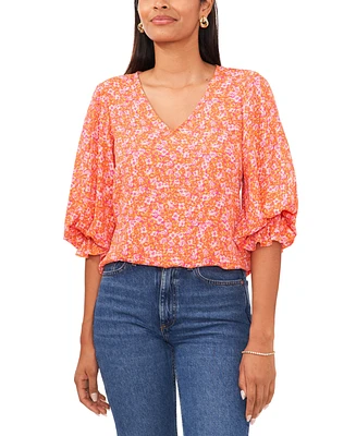 Vince Camuto Women's Floral V-Neck Smocked Cuff Long-Sleeve Top