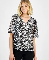 Jm Collection Women's Printed V-Neck Necklace Top, Created for Macy's