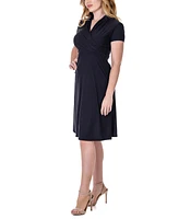 24seven Comfort Apparel Short Sleeve Knee Length V Neck Rouched Wrap Dress
