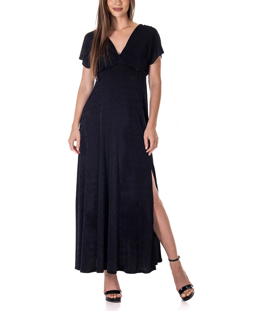24seven Comfort Apparel Flutter Sleeve Metallic Knit Maxi Dress