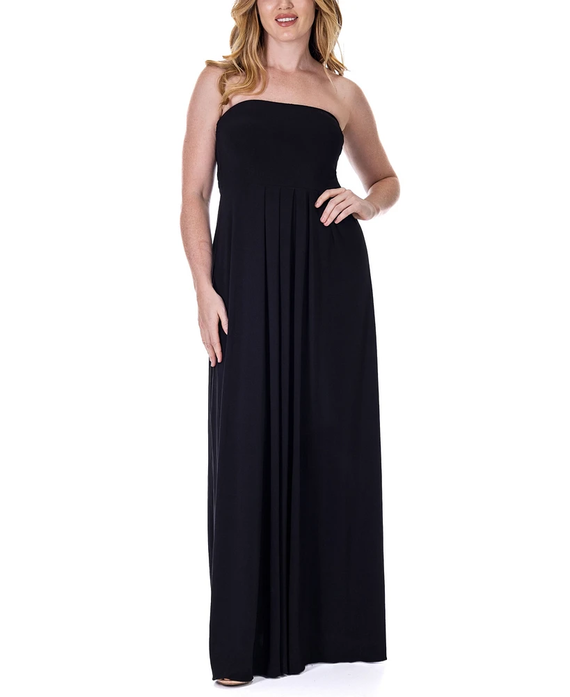 24seven Comfort Apparel Pleated A Line Strapless Maxi Pocket Dress