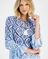 Jm Collection Women's Printed 3/4 Sleeve Tassle Top, Created for Macy's