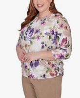 Alfred Dunner Plus Size Charm School Embellished Keyhole Floral Textured Top