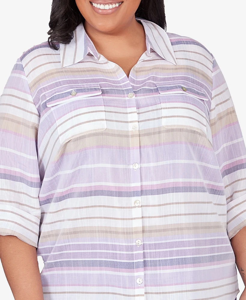 Alfred Dunner Plus Charm School Horizontal Stripe Button Down Top