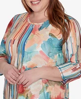 Alfred Dunner Plus Sedona Sky Spliced Floral Brushstroke Stripes Top