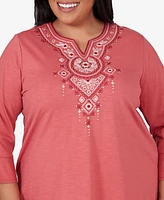 Alfred Dunner Plus Size Sedona Sky Split Neck Floral Embroidered Top