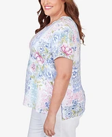 Alfred Dunner Plus Patchwork Floral Braided Neck Tee