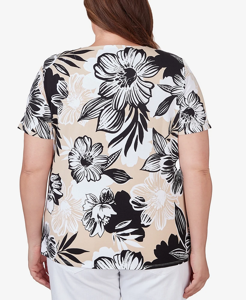 Alfred Dunner Plus Pleated Neck Bold Floral Short Sleeve Tee