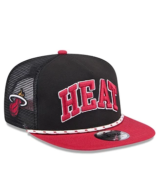 New Era Men's Black/Red Miami Heat Throwback Team Arch Golfer Snapback Hat