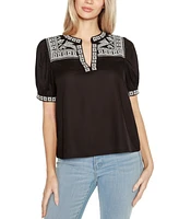 Belldini Women's Embroidered Boho Short Sleeve Top