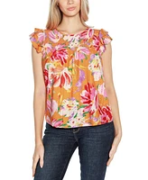 Belldini Women's Smocked Printed Floral Eyelet Top