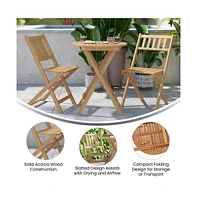 Stora Three Piece Solid Acacia Wood Folding Patio Bistro Set With Lightweight Round Table And Two Chairs