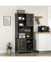 Homcom 72" Kitchen Pantry, Buffet with Hutch, Cupboard for Microwave, 2 Door Cabinets, Wine Glasses Rack and 12-Bottle Wine Rack, Dark Grey