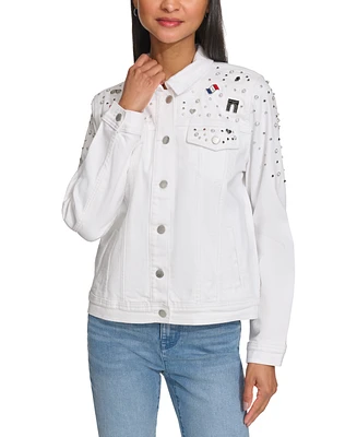 Karl Lagerfeld Paris Women's Signature-Pin Embellished Denim Jacket