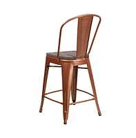 Sarah 24" Metal Indoor-Outdoor Counter Stool With Vertical Slat Back, Integrated Footrest And Wood Seat