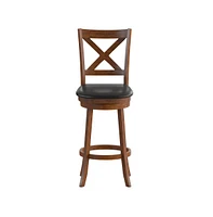 Sora Classic Wooden Crossback Swivel Bar Height Pub Stool With Upholstered Padded Seat And Integrated Footrest