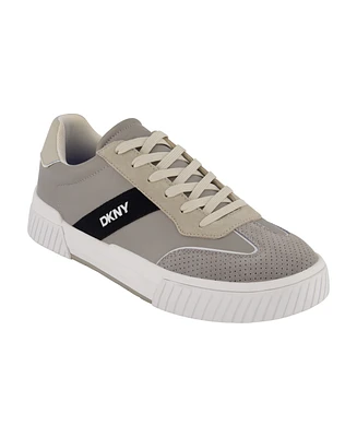 Dkny Men's Side Logo Perforated Two Tone Branded Sole Racer Toe Sneakers