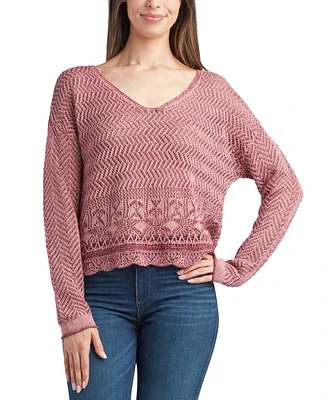 Bcx Juniors' Cotton V-Neck Long-Sleeve Pointelle Sweater