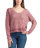 Bcx Juniors' Cotton V-Neck Long-Sleeve Pointelle Sweater